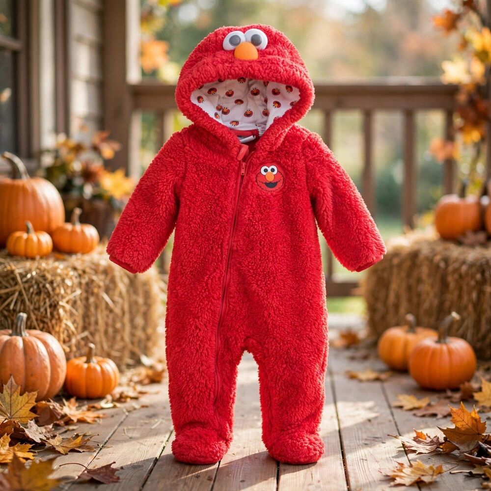 C191 Sesame Street Elmo Hooded Fuzzy One Piece Baby 3 6M Red Sherpa Zip Outfit